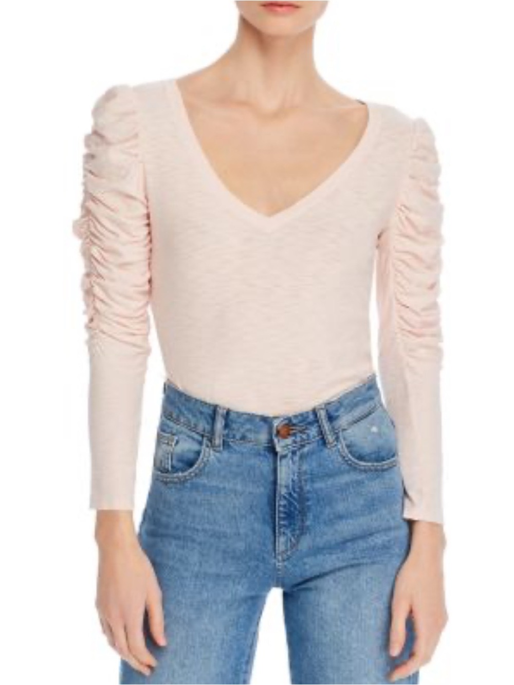 Nation LTD Kristen Ruched Sleeve V-Neck Top Peach Blush Pink Long Sleeve M